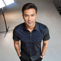 Man Posing in Professional Indoor Studio Setting with Neutral Background