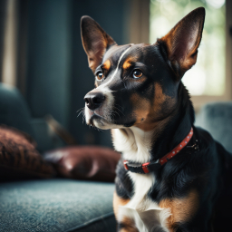 Cozy Canine Portrait: A Multi-Colored Dog Relaxing on a Couch