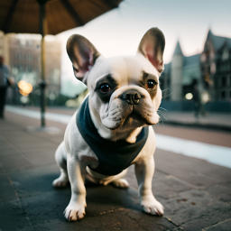 Urban Bulldog Mix in Harness Enjoying City Cafe Setting