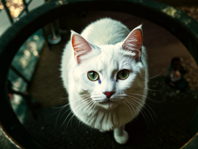 Close-Up Portrait of a Light-Colored Cat with Greenish-Yellow Eyes in an Indoor Setting