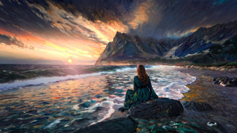 Serene Reverie: A Mythical Figure at Dawn by the Mountain Shore