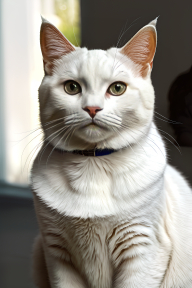 Calm White Cat with Striking Green Eyes and Bell Collar Indoors
