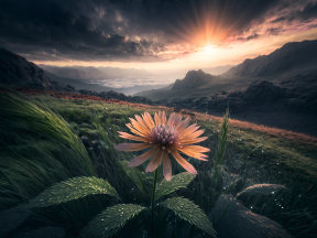 Tranquil Sunrise: A Wildflower's Glow Amidst Expansive Skies