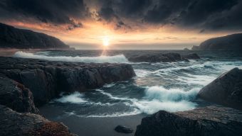 Sunset Serenity Amidst Stormy Seas: A Dramatic Coastal Landscape