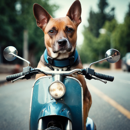 Calm Dog Perched on Motor Scooter Handlebars in Urban Setting