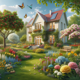 Eco-Friendly Modern Home Surrounded by Vibrant Garden and Blossoming Flowers