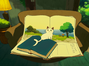 Cozy Cat Immersed in a Whimsical Storybook Forest: A Warm and Inviting Home Scene