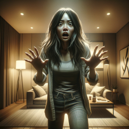 Surprised Woman in Modern Living Room Expressing Shock and Urgency