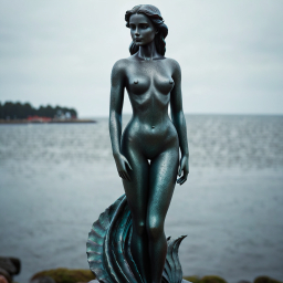 Abstract Metal Mermaid Statue by the Seaside on an Overcast Day