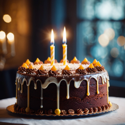 Two-Year Celebration Cake with Lit Candles and Nutty Frosting in Cozy Evening Setting