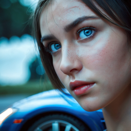 Close-Up Portrait of a Person with Striking Blue Eyes and Facial Scratches Near a Car