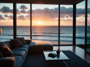 Cozy Oceanfront Living Room at Sunset with Warm Natural Lighting