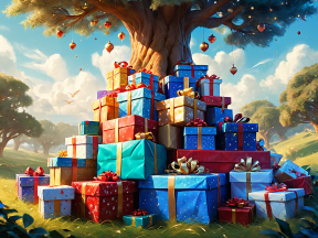 A Vibrant Outdoor Celebration: A Mountain of Colorful Gift Boxes and Festive Cheer