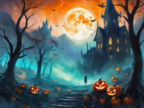 Spooky Halloween Night: Haunted House, Bats, and Mysterious Cloaked Figure