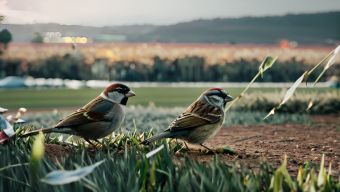 Two Birds Perched in a Serene Green Garden Setting