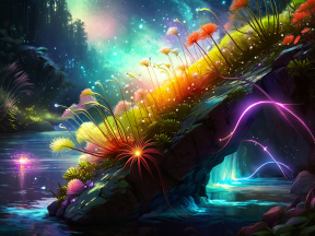 Enchanted Oasis: A Vibrant Fantasy Landscape of Glowing Flora and Mystical Cliffs