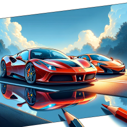 Reflections of Speed: Digital Artwork of Twin Sports Cars on a Rain-Glossed Road
