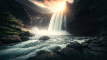 Tranquil Waterfall Amid Rugged Rocks at Dawn or Dusk