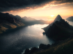 Tranquil Dawn Over a Mountain Fjord: A Serene Reflection at Sunrise