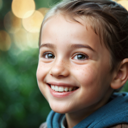 Joyful Child Smiling Outdoors Amid Soft Evening Lights