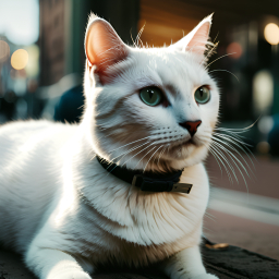 Curious Cat Relaxing on Wooden Surface with Collar in Natural Light