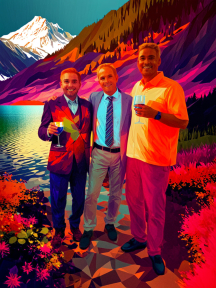 Three Friends Toasting at Sunset with Scenic Mountain and Lake View in Vibrant Digital Art Style