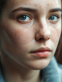 Close-Up Portrait of a Young Adult with Freckles and Blue Eyes in Soft Indoor Lighting