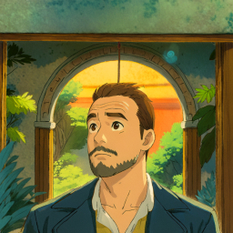 Animated Man Pausing at Doorway with Garden View in Anime Style