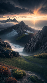 Majestic Twilight Over Jagged Alpine Peaks: A Dramatic Fantasy Landscape