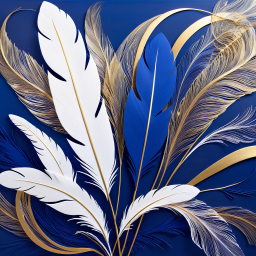 Dynamic Feather Dance: A Vibrant Artwork of Feathers and Gold Accents on Dark Canvas