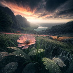 Serene Mountain Landscape at Sunrise with Dew-Kissed Pink Flower