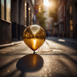 Golden Balloon Gleaming in Sunlit Urban Alleyway