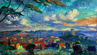 Dreamlike Coastal Landscape: An Impressionistic View of a Harbor Town at Dawn