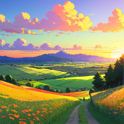 Serene Countryside Sunrise: A Vibrant Animated Landscape of Rolling Hills and Mountains