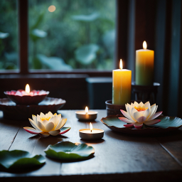 Tranquil Harmony: A Serene Arrangement of Candles, Lotus Petals, and Natural Elements