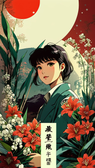Serene Garden Muse: Illustrated Portrait of a Young Woman Amidst Vibrant Blooms