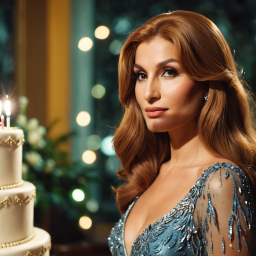 Elegant Celebration: Woman Poses with Sparkling Evening Gown and Lit Cake