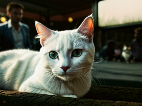 Calm White and Grey Cat with Striking Green Eyes on Countertop Edge