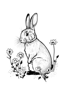 Cute Bunny Illustration with "Happy Easter" Text in a Spring Garden Setting
