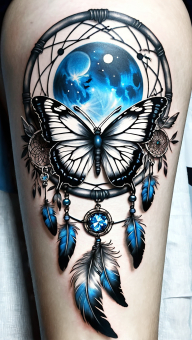 Dreamcatcher-Inspired Arm Tattoo Featuring Blue Moon, Feathers, and Butterflies Symbolizing Protection and Transformation