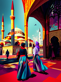 Journey to the Grand Mosque: A Vibrant Digital Illustration of Ottoman-Inspired Islamic Architecture and Cultural Life