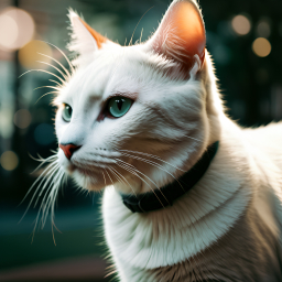 Close-Up Portrait of a Light-Furred Cat with Collar in Soft Nighttime Glow