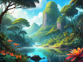 Mystical Tropical River Landscape with Lush Greenery and Waterfall