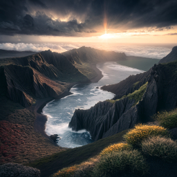 Sunset Over Rugged Cliffs: A Majestic River Carving Through Nature's Masterpiece