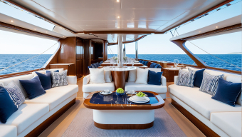 Luxurious Yacht Saloon Interior with Elegant Furnishings and Ocean Views