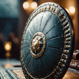 Intricately Designed Metal Shield with Heraldic Crest in Dimly Lit Setting