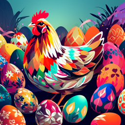 Vibrant Rooster Amidst Intricately Decorated Easter Eggs in a Lush Outdoor Setting