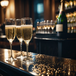 Cheers to Celebration: Sparkling Champagne Flutes with Festive Gold Glitter Ambiance