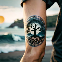 Realistic Tree and Mountain Tattoo Inspired by Coastal Landscape