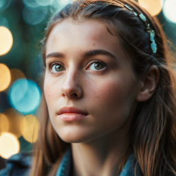 Portrait of a Fair-Skinned Individual with Light Eyes and Headband Against a Blurred Urban Nightscape